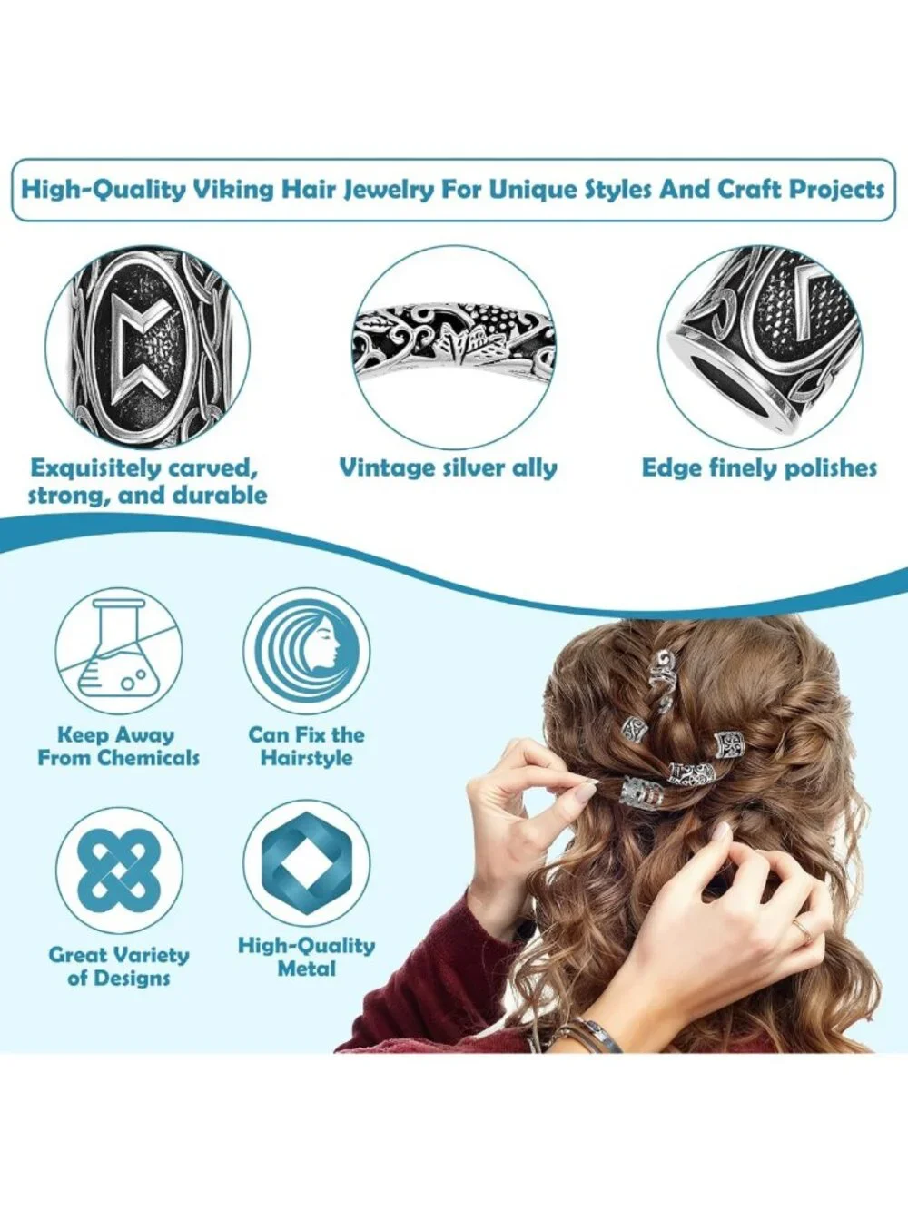 Viking Hair Accessories Set - 247 Pcs Norse Runes Beads, Metal Cuffs & Dreadlock